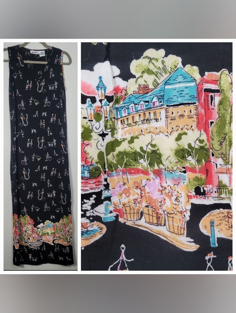 Vintage Units Whimsical European Street Scene Maxi Dress Size Medium